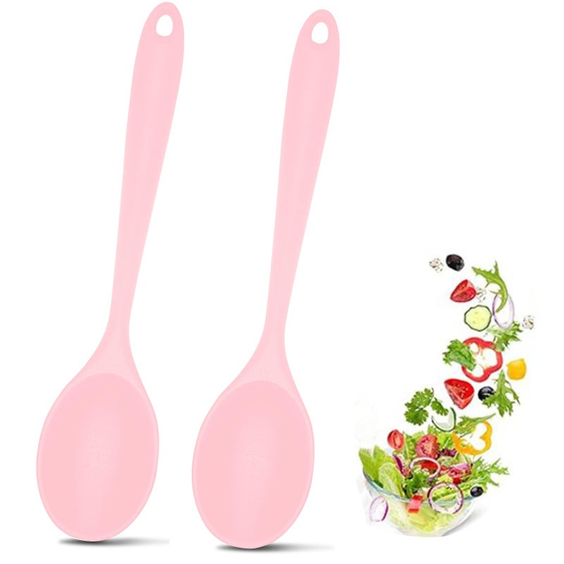 Ecerangus 2 Pcs Silicone Nonstick Mixing Spoon, Silicone Spoons for Cooking Heat Resistant, Cooking Utensil for Kitchen Cooking Baking Stirring Serving (Pink) - Image 1